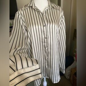 Vtg silky blouse long sleeved black creme striped holiday elegant classy chic